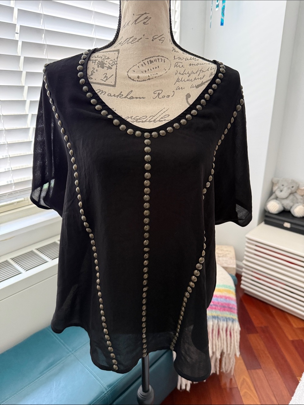 DKNY Black Short-Sleeve Semi-Sheer Top with bronze stud Trim